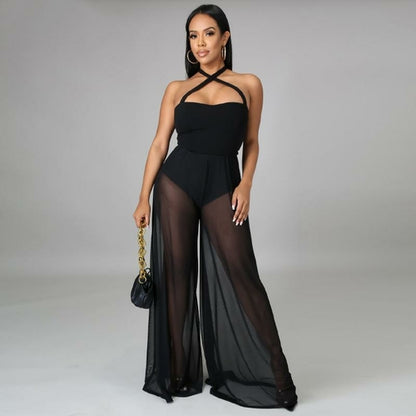 Sleeveless Halter Backless Wide Leg Long Jumpsuits