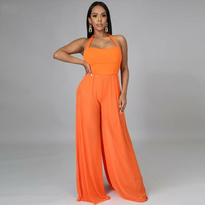 Sleeveless Halter Backless Wide Leg Long Jumpsuits