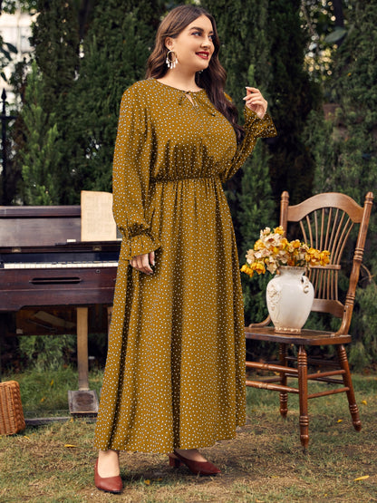 Plus Size Ruffled Polka Dot Long Sleeve Midi Dress