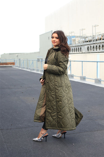 Quilted Single Breasted Longline Hooded Coat