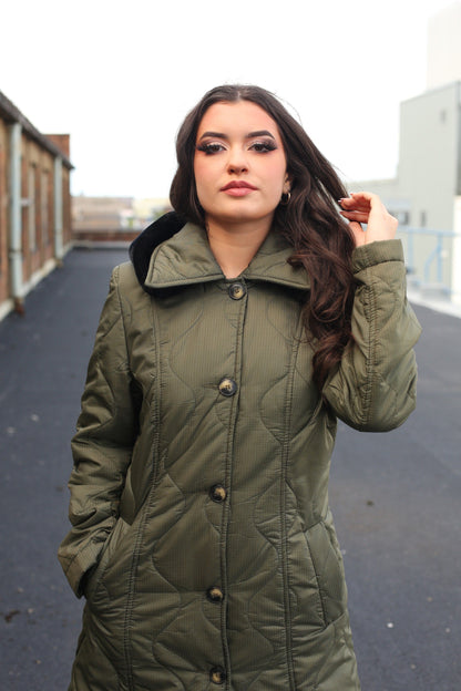 Quilted Single Breasted Longline Hooded Coat