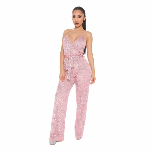 Sleeveless Open Back Solid Sequin Slim Fit Fashion Sling Jumpsuit