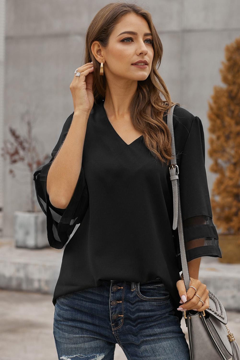 Black Flare Sleeve V Neck Loose Women's Chiffon Blouse