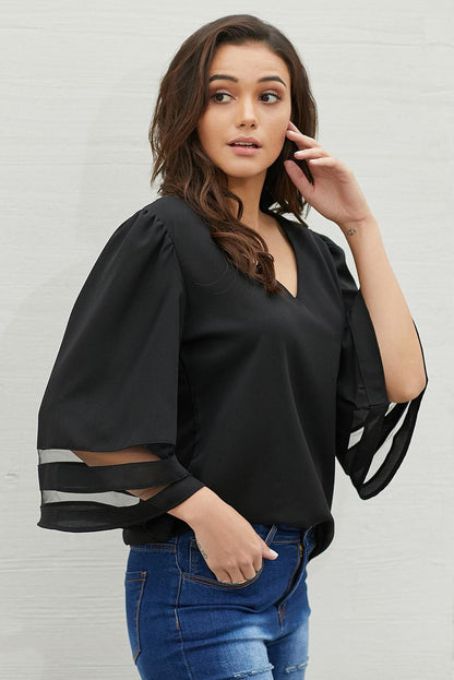 Black Flare Sleeve V Neck Loose Women's Chiffon Blouse