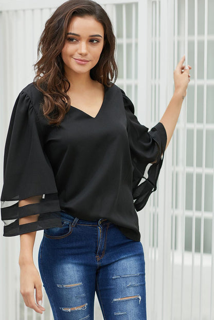 Black Flare Sleeve V Neck Loose Women's Chiffon Blouse