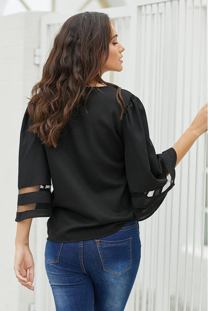 Black Flare Sleeve V Neck Loose Women's Chiffon Blouse