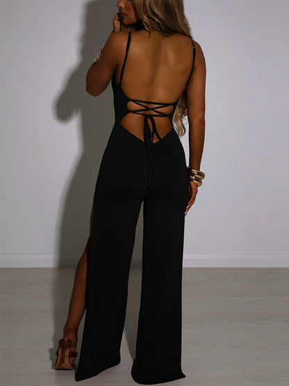 Spaghetti Strap Backless High Slit Jumpsuit Elegant Loose Overalls