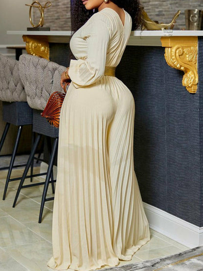 Elegant V-Neck Pleated Jumpsuit Wide-Leg Loose Overalls