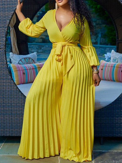 Elegant V-Neck Pleated Jumpsuit Wide-Leg Loose Overalls