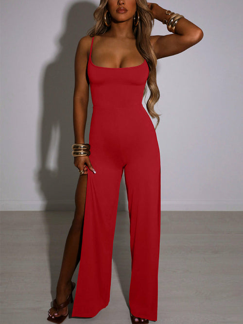 Spaghetti Strap Backless High Slit Jumpsuit Elegant Loose Overalls