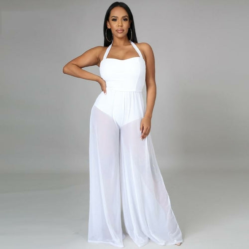 Sleeveless Halter Backless Wide Leg Long Jumpsuits