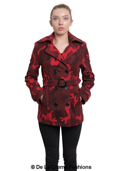 De La Creme - Womens Camo Print Double Breasted Short Coat