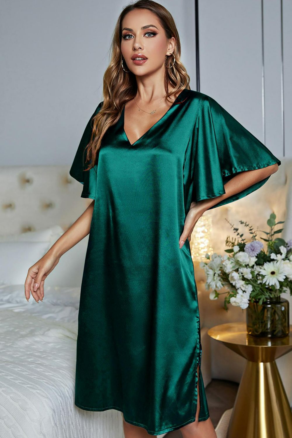 Satin Flutter Sleeve Side Slit V-Neck Night Dress