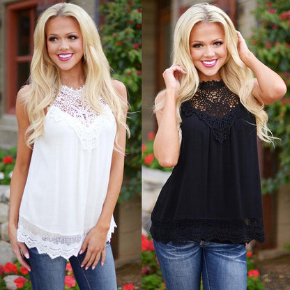 Lace Women Blouse Vintage Sleeveless White Crochet Casual Shirts Tops