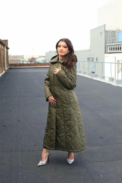 Quilted Single Breasted Longline Hooded Coat